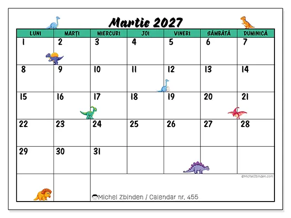 Calendar martie 2027 de tipărit - Dinozauri mici