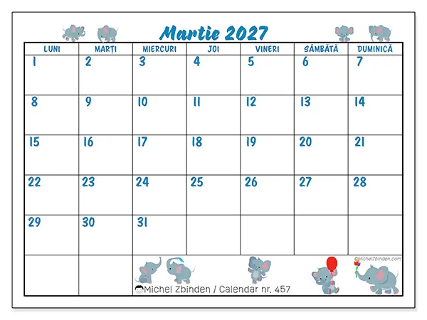 Calendar martie 2027 de tipărit - Elefanți mici