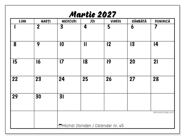 Calendar martie 2027 de tipărit - Succes școlar