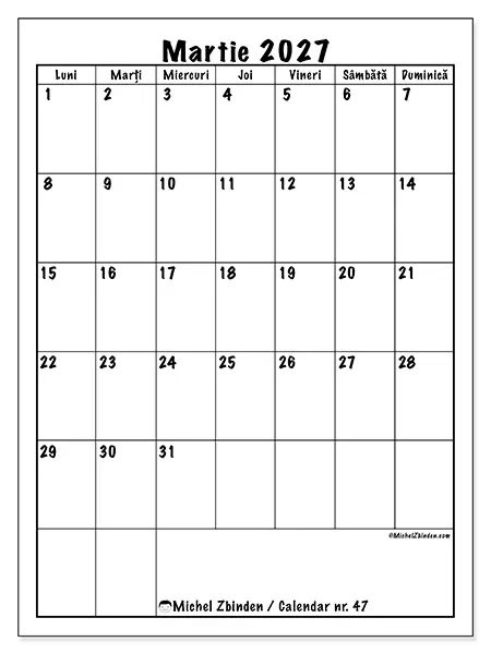 Calendar martie 2027 de tipărit - Planificare clară