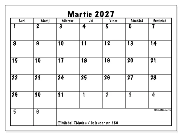 Calendar martie 2027 de tipărit - Planificare completă