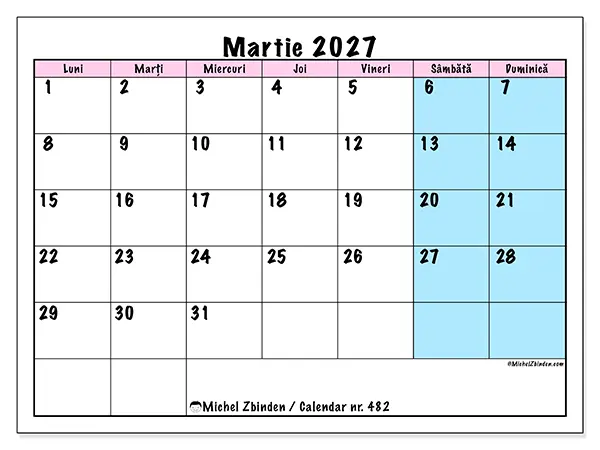 Calendar martie 2027 de tipărit - Program de echipă
