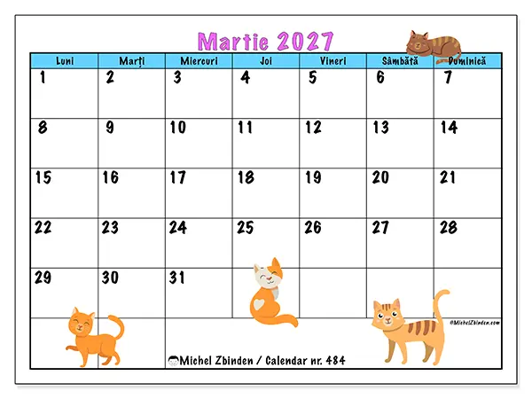 Calendar martie 2027 de tipărit - Dragoste pentru pisici