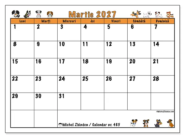 Calendar martie 2027 de tipărit - Câini entuziaști
