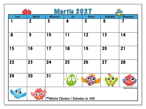 Calendar martie 2027 de tipărit - Păsări amuzante