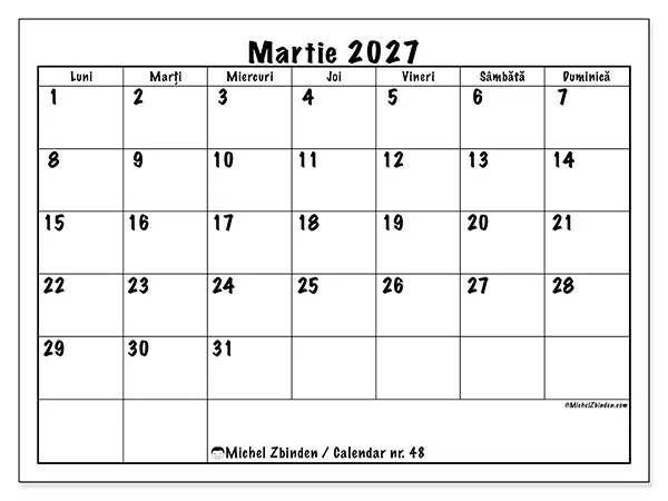 Calendar martie 2027 de tipărit - Planuri zilnice