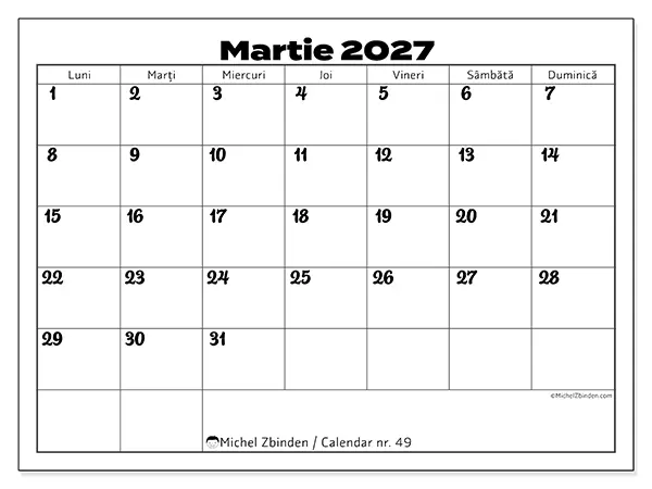 Calendar martie 2027 de tipărit - Coordonarea muncii