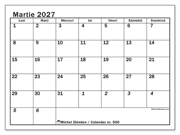 Calendar martie 2027 de tipărit - Planificare intensivă