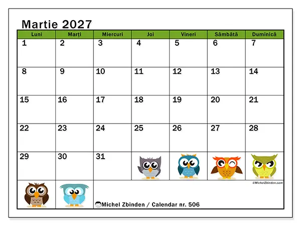 Calendar martie 2027 de tipărit - Bufnițe amuzante