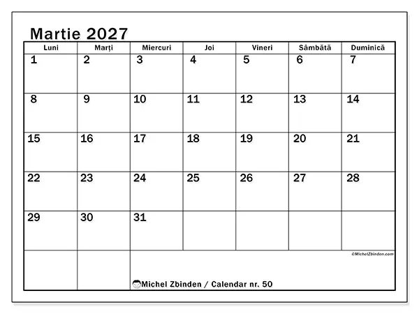 Calendar martie 2027 de tipărit - Lună clară