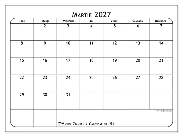 Calendar martie 2027 de tipărit - Planificator de mese