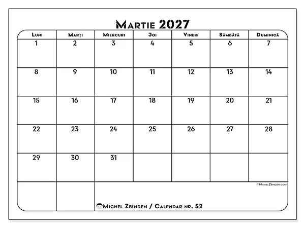 Calendar martie 2027 de tipărit - Plan de lucru