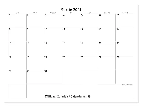 Calendar martie 2027 de tipărit - Program clar