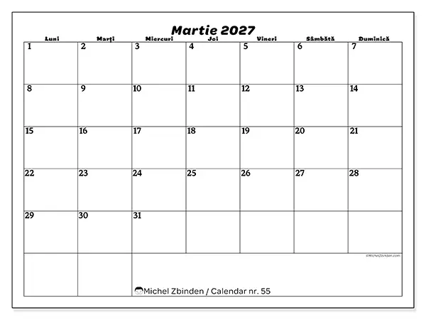 Calendar martie 2027 de tipărit - Timp liber