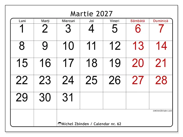 Calendar martie 2027 de tipărit - Vedere rapidă