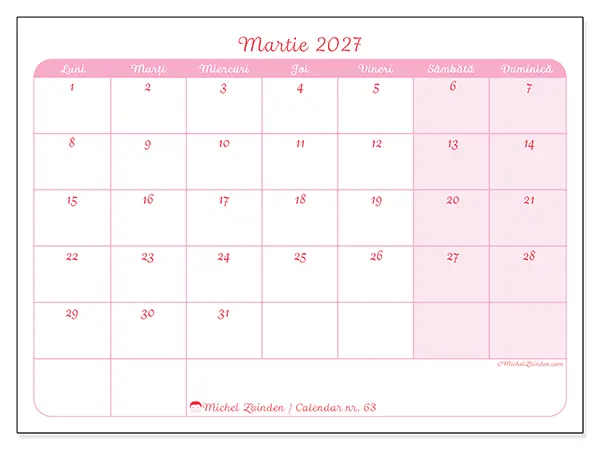 Calendar martie 2027 de tipărit - Aspect calm