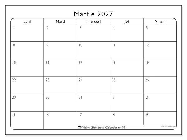 Calendar martie 2027 de tipărit - Zile lucrătoare