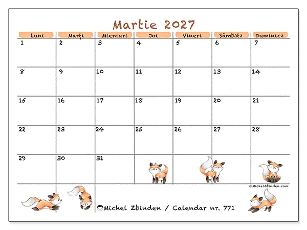 Calendar martie 2027 de tipărit - Desene cu vulpi
