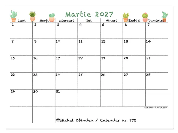 Calendar martie 2027 de tipărit - Cactuși decorativi