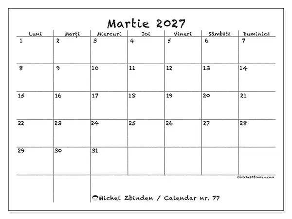 Calendar martie 2027 de tipărit - Școală și familie