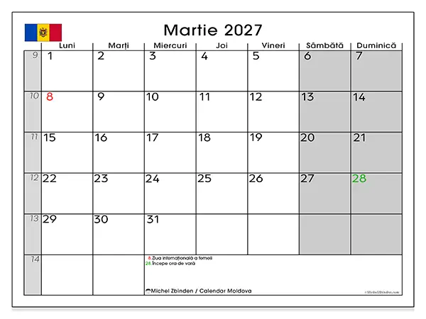 Calendar martie 2027 de tipărit - Moldova