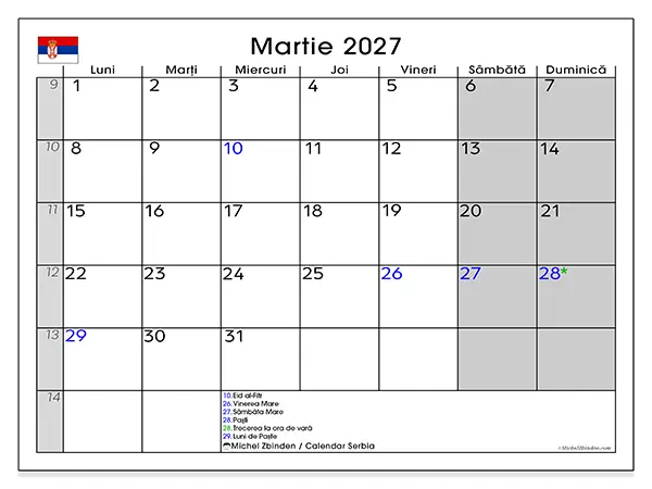 Calendar martie 2027 de tipărit - Serbia