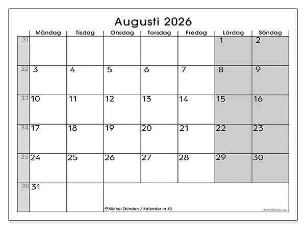 Augusti 2026 månadskalender att skriva ut - Enkel översikt