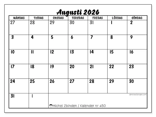 Augusti 2026 månadskalender att skriva ut - Detaljerad organisering