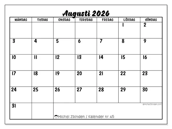 Augusti 2026 månadskalender att skriva ut - Skolframgång