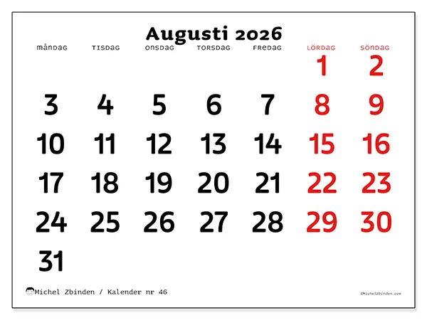 Augusti 2026 månadskalender att skriva ut - Klar översikt