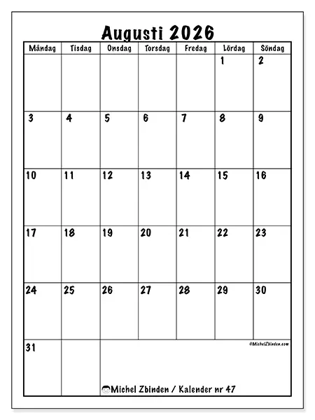 Augusti 2026 månadskalender att skriva ut - Tydlig planering