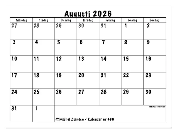 Augusti 2026 månadskalender att skriva ut - Fullständig planering