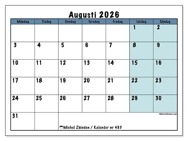 Augusti 2026 månadskalender att skriva ut - Struktur för skolan