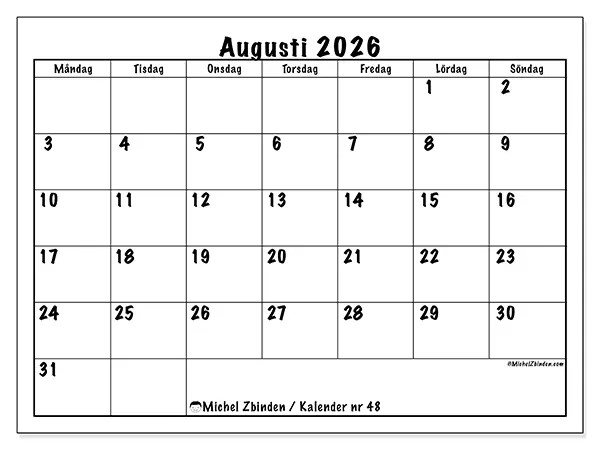 Augusti 2026 månadskalender att skriva ut - Daglig planering
