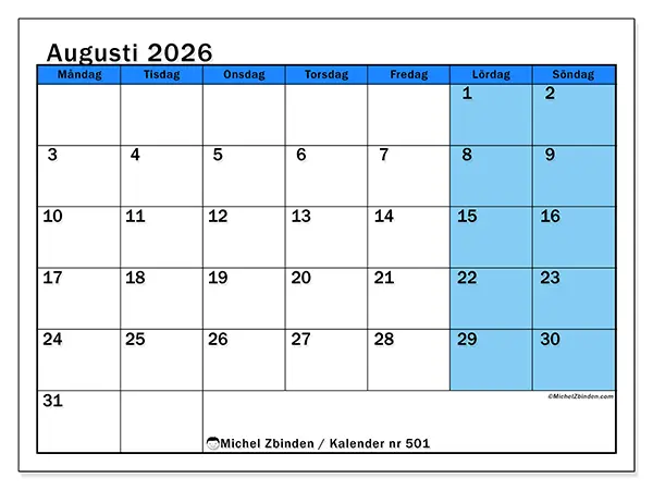 Augusti 2026 månadskalender att skriva ut - Dynamiska studier