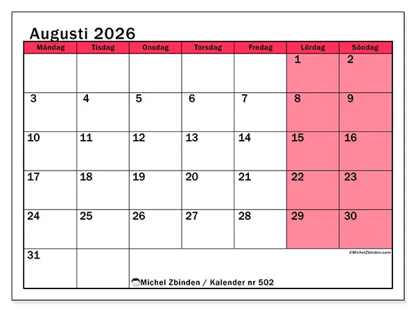Augusti 2026 månadskalender att skriva ut - Ljus organisering