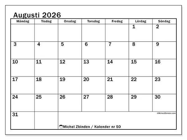 Augusti 2026 månadskalender att skriva ut - Tydlig månadsplanering