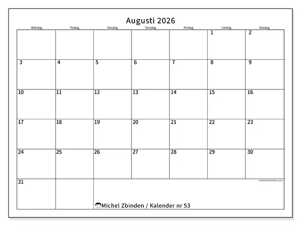 Augusti 2026 månadskalender att skriva ut - Tydligt schema