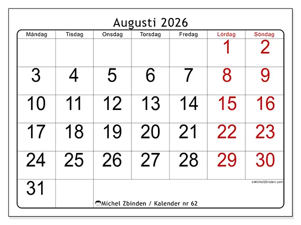 Augusti 2026 månadskalender att skriva ut - Snabb översikt