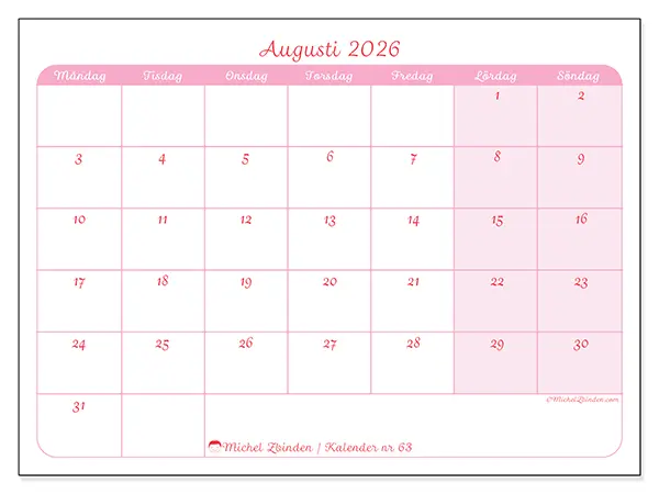 Augusti 2026 månadskalender att skriva ut - Mjuk organisering