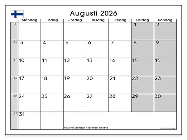 Augusti 2026 månadskalender att skriva ut - Finland