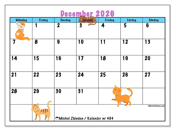 December 2026 månadskalender att skriva ut - Kärlek till katter