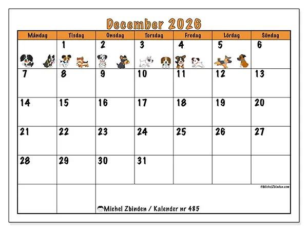 December 2026 månadskalender att skriva ut - Hundar