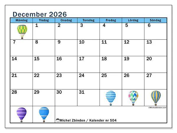 December 2026 månadskalender att skriva ut - Luftballonger