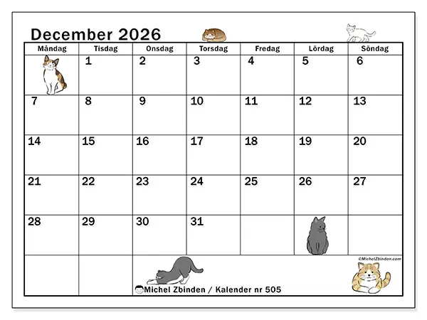 December 2026 månadskalender att skriva ut - Kattliv
