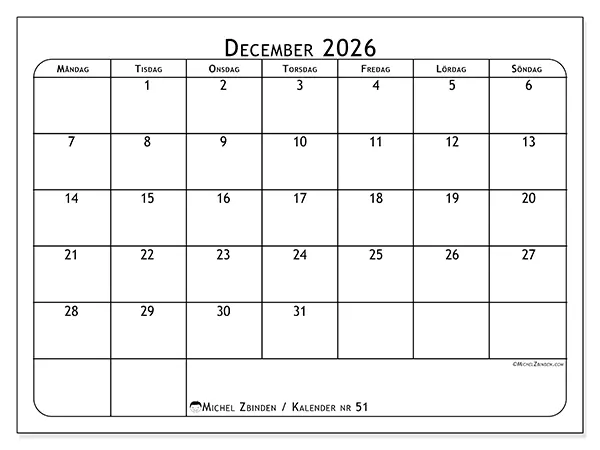 December 2026 månadskalender att skriva ut - Måltidsplanerare