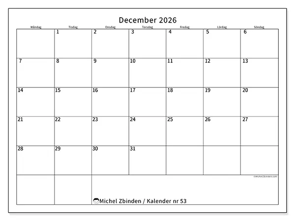 December 2026 månadskalender att skriva ut - Tydligt schema