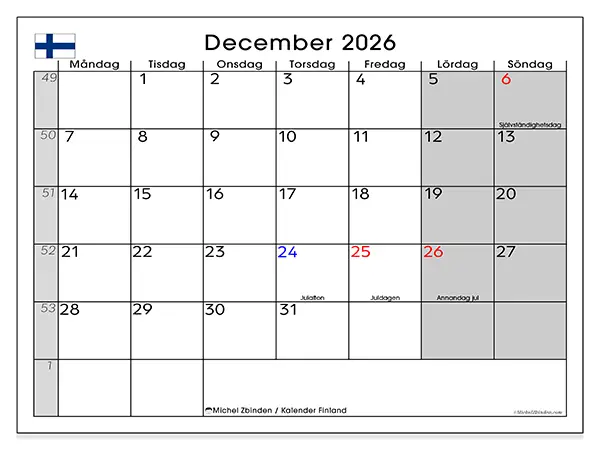 December 2026 månadskalender att skriva ut - Finland