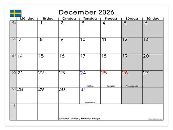 December 2026 månadskalender att skriva ut - Sverige