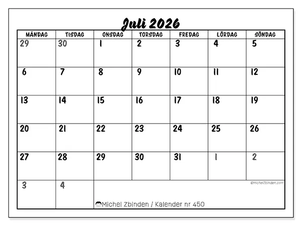 Juli 2026 månadskalender att skriva ut - Detaljerad organisering